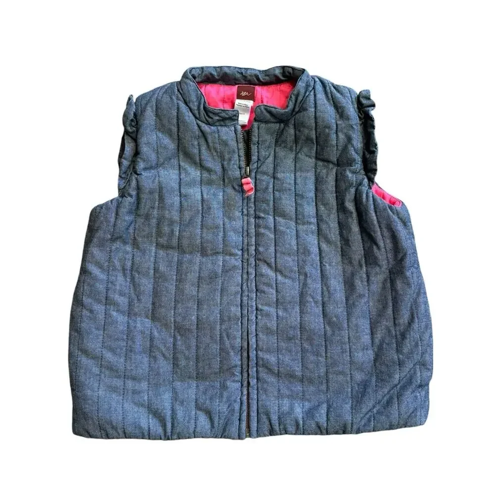 Tea Collection Chambray Blue Lightweight Puffer Vest Ruffle Detail Girls Size 8